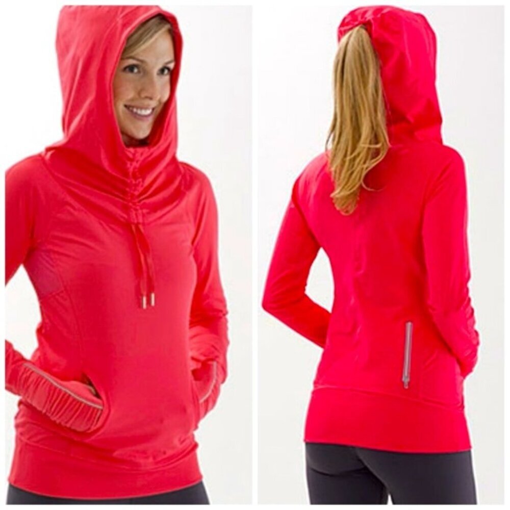Lululemon Run Ambition Pullover Hoodie Zip Pocket Stretch Ruched Top Jacket Red